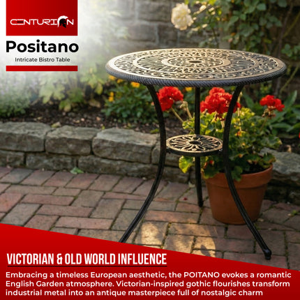 Centurion POSITANO Cast Aluminium Garden Bistro Table, Outdoor Patio Table, Round Garden Table with Parasol Hole, Victorian Outdoor Furniture for Balcony Terrace Conservatory in Black