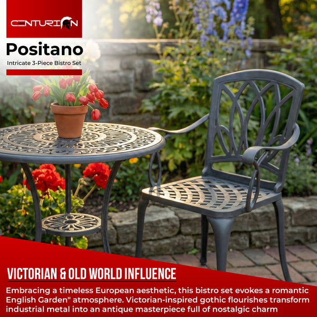 Centurion Supports POSITANO Luxurious Garden and Patio Table and 2 Large Chairs with Armrests Cast Aluminium Bistro Set - Grey