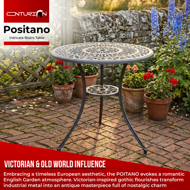 Centurion POSITANO 3-Piece Cast Aluminium Garden Bistro Table with Parasol Hole and 2 Armchairs, Victorian Style Outdoor Furniture for Patio, Balcony, Terrace or Conservatory in Grey