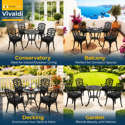 Homeology VIVALDI Black 5-Piece Cast Aluminium Garden Bistro Set - Rust-Proof Round Table with Parasol Hole & 4 Large Armchairs - with Black Cushions