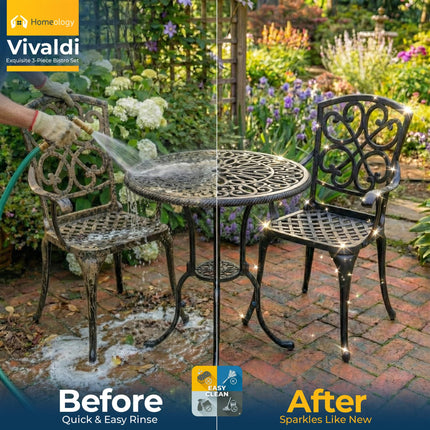 Homeology VIVALDI Black 3-Piece Cast Aluminium Garden Bistro Set - Rust-Proof Round Table with Parasol Hole & 2 Generously Sized Armchairs - with Green Cushions