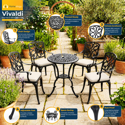 Homeology VIVALDI Black 5-Piece Cast Aluminium Garden Bistro Set - Rust-Proof Round Table with Parasol Hole & 4 Large Armchairs - with Cream Cushions