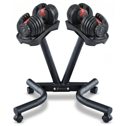 Strongology RELENTLESS24 Adjustable Dumbbell Pair (2.5kg–24kg) + POWERDOCK Floor Stand | 15-in-1 Quick-Select Weights | Heavy Duty Ergonomic V-Frame Floor Stand with Wheels | Complete Home Gym Bundle