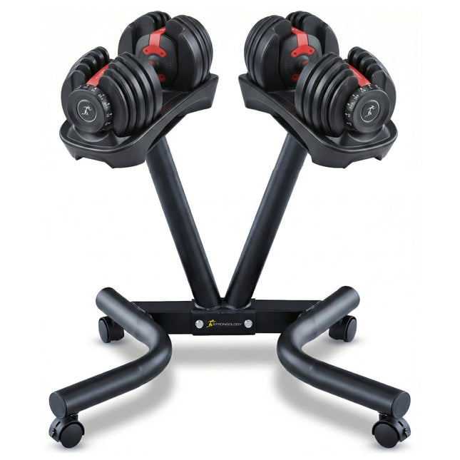 Strongology RELENTLESS24 Adjustable Dumbbell Pair (2.5kg–24kg) + POWERDOCK Floor Stand | 15-in-1 Quick-Select Weights | Heavy Duty Ergonomic V-Frame Floor Stand with Wheels | Complete Home Gym Bundle