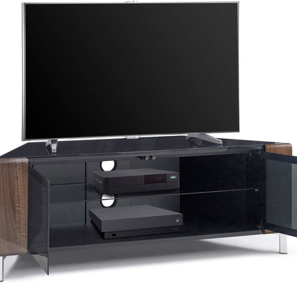 MDA Designs CORVUS Corner-Friendly Gloss Black Contemporary Cabinet with Walnut Profiles Black BeamThru Glass Doors Suitable for Flat Screen TVs up to 50" - Grade A