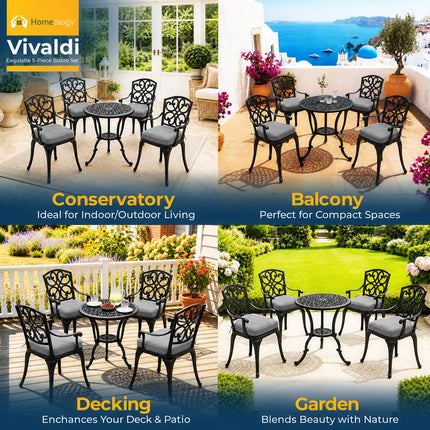 Homeology VIVALDI Black 5-Piece Cast Aluminium Garden Bistro Set - Rust-Proof Round Table with Parasol Hole & 4 Large Armchairs - with Grey Cushions