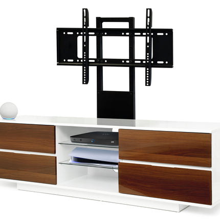 Centurion Supports Avitus Gloss White with 4 Walnut Drawers and 2 Glass Shelves up to 65" LED, LCD, Plasma TV Stand with Mounting Arm