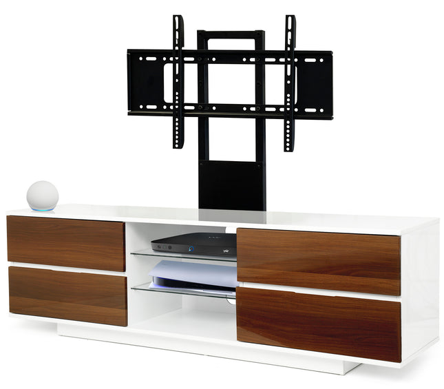 Centurion Supports Avitus Gloss White with 4 Walnut Drawers and 2 Glass Shelves up to 65" LED, LCD, Plasma TV Stand with Mounting Arm