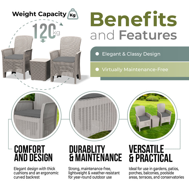 Centurion Supports OPHELIA 3-Piece Rattan Garden Furniture High Back Armchair Set with Side Table in Grey