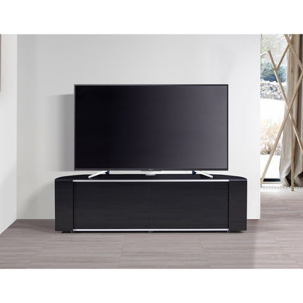 MDA Designs Sirius 1600 TV Cabinet Gloss Black Stand with BEAMTHRU Remote-Friendly Glass Door, Silver Trims, Cable Management and Storage for LED, LCD, OLED & Plasma TVs up to 70” TV Unit - Grade A