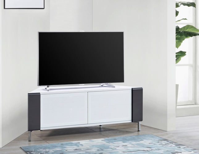 MDA Designs CORVUS Corner-Friendly Gloss White Contemporary Cabinet with Black Profiles White BeamThru Glass Doors Suitable for Flat Screen TVs up to 50"