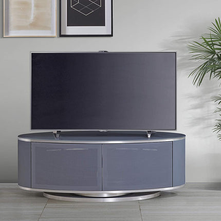 MDA Designs LUNA Grey Oval Cabinet with Grey Profiles & Grey BeamThru Glass Doors Suitable for Flat Screen TVs up to 50"