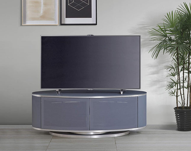 MDA Designs LUNA Grey Oval Cabinet with Grey Profiles & Grey BeamThru Glass Doors Suitable for Flat Screen TVs up to 50"