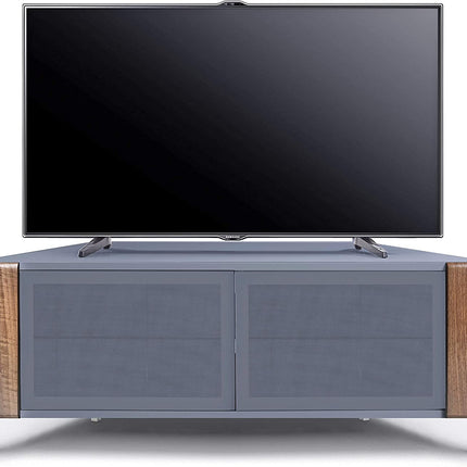 MDA Designs CORVUS Corner-Friendly Grey BeamThru Glass Doors with Walnut Profiles Contemporary Cabinet for Flat Screen TVs up to 50"