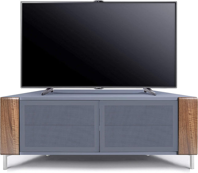 MDA Designs CORVUS Corner-Friendly Grey BeamThru Glass Doors with Walnut Profiles Contemporary Cabinet for Flat Screen TVs up to 50"