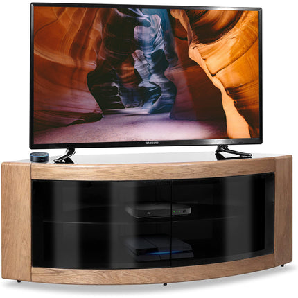 Centurion Supports PANGEA Black Oak Beam-Thru Glass Doors Curved Unit Tru-Corner 32"-50" TV Cabinet - Grade A