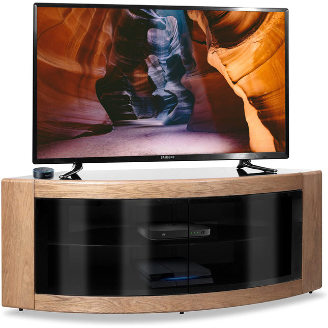 Centurion Supports PANGEA Black Oak Beam-Thru Glass Doors Curved Unit Tru-Corner 32"-50" TV Cabinet - Grade A