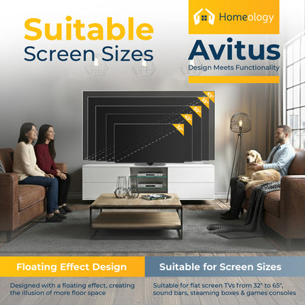 Homeology Avitus Premium High Gloss White with 4-White Drawers and 3-Shelf 32"-65" LED/OLED/LCD TV Cabinet - Fully Assembled