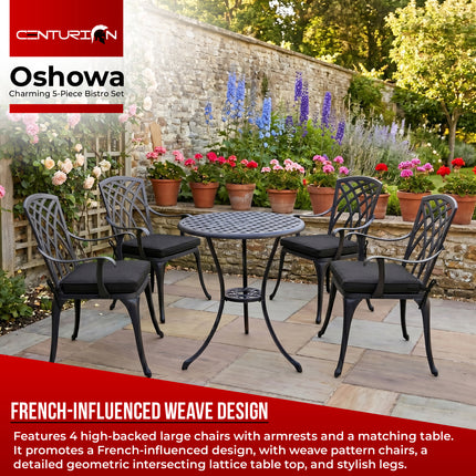 Centurion Supports OSHOWA Garden and Patio Table and 4 Large Chairs with Armrests Cast Aluminium Bistro Set - Black Cushions