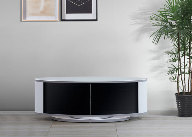 MDA Designs LUNA Gloss White Oval Cabinet with White Profiles Black BeamThru Glass Doors Suitable for Flat Screen TVs up to 50"