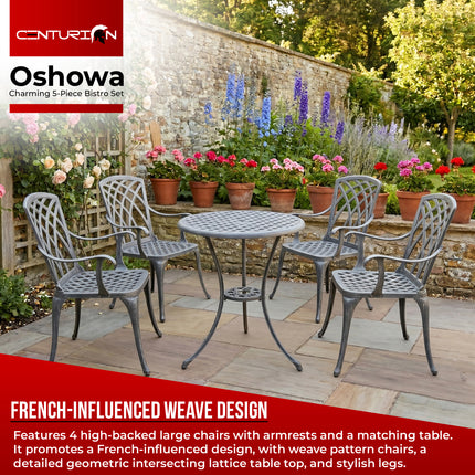Centurion Supports OSHOWA Luxurious Garden and Patio Table and 4 Large Chairs with Armrests Cast Aluminium Bistro Set Grey