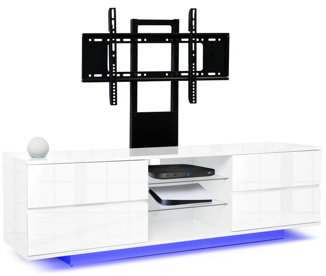 Centurion Supports Avitus LED Gloss White with 4-Drawers and 3-Shelves up to 65" TV Cabinet with 16 colour LED Lights and Mounting Arm