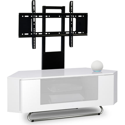 Centurion Supports Hampshire Corner-Friendly Gloss White with White Beam-Thru Remote Friendly Door 26"-50" Flat Screen TV Cabinet with Mounting Arm