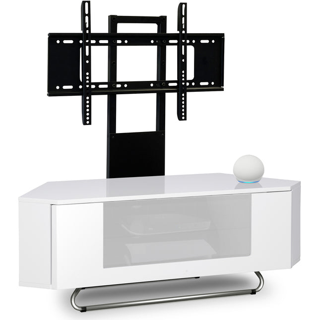 Centurion Supports Hampshire Corner-Friendly Gloss White with White Beam-Thru Remote Friendly Door 26"-50" Flat Screen TV Cabinet with Mounting Arm
