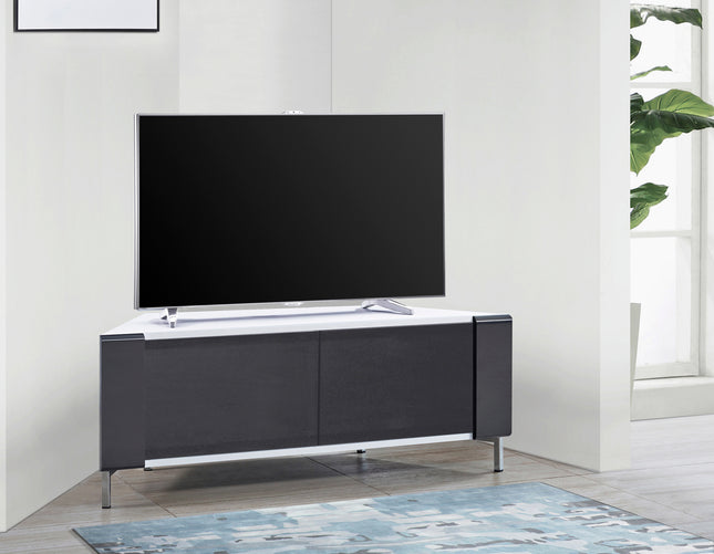 MDA Designs CORVUS Corner-Friendly Gloss White Contemporary Cabinet with Black Profiles Black BeamThru Glass Doors Suitable for Flat Screen TVs up to 50"