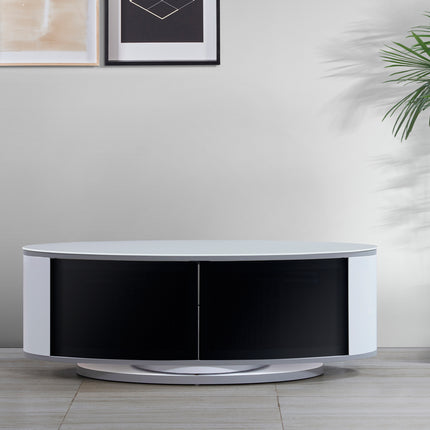 MDA Designs LUNA Gloss White Oval Cabinet with White Profiles Black BeamThru Glass Doors Suitable for Flat Screen TVs up to 50"