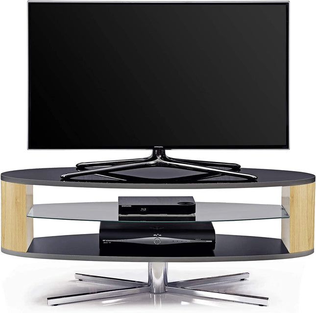 MDA Designs Orbit 1100BO Gloss Black TV Stand with Oak Elliptic Sides for Flat Screen TVs up to 55"