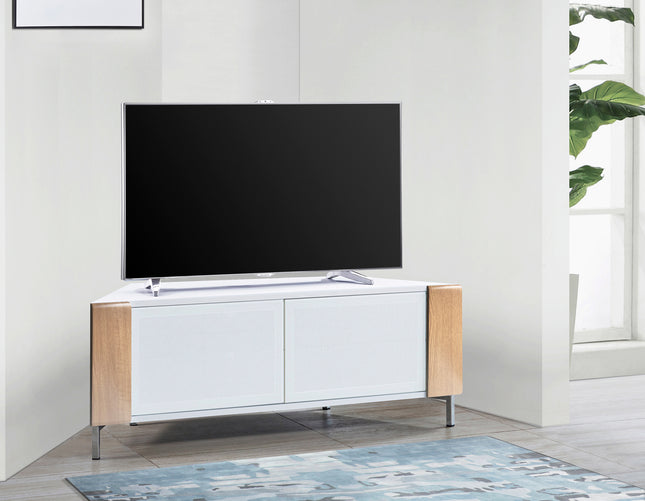 MDA Designs CORVUS Corner-Friendly Gloss White Contemporary Cabinet with Oak Profiles White BeamThru Glass Doors Suitable for Flat Screen TVs up to 50"