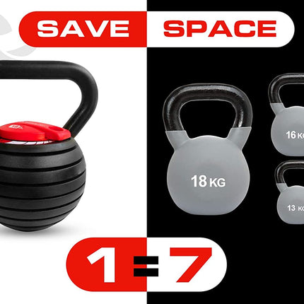 Strongology 7-in-1 Adjustable Smart Kettlebell up to 18kg Black with Red Dial Home Fitness Gym Equipment