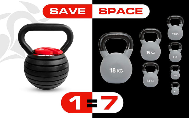Strongology 7-in-1 Adjustable Smart Kettlebell up to 18kg Black with Red Dial Home Fitness Gym Equipment
