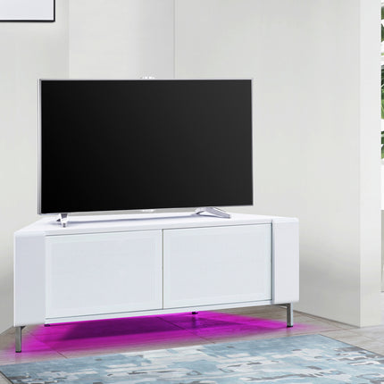 MDA Designs CORVUS Corner-Friendly Gloss White Contemporary Cabinet with White BeamThru Glass Doors for Flat Screen TVs up to 50" with 16 Colour LED Lights