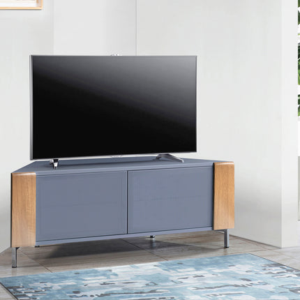 MDA Designs CORVUS Corner-Friendly Grey BeamThru Glass Doors with Oak Profiles Contemporary Cabinet for Flat Screen TVs up to 50"