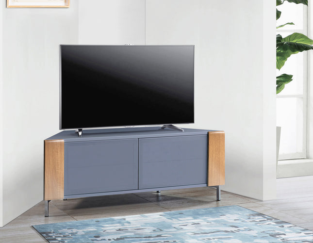 MDA Designs CORVUS Corner-Friendly Grey BeamThru Glass Doors with Oak Profiles Contemporary Cabinet for Flat Screen TVs up to 50"