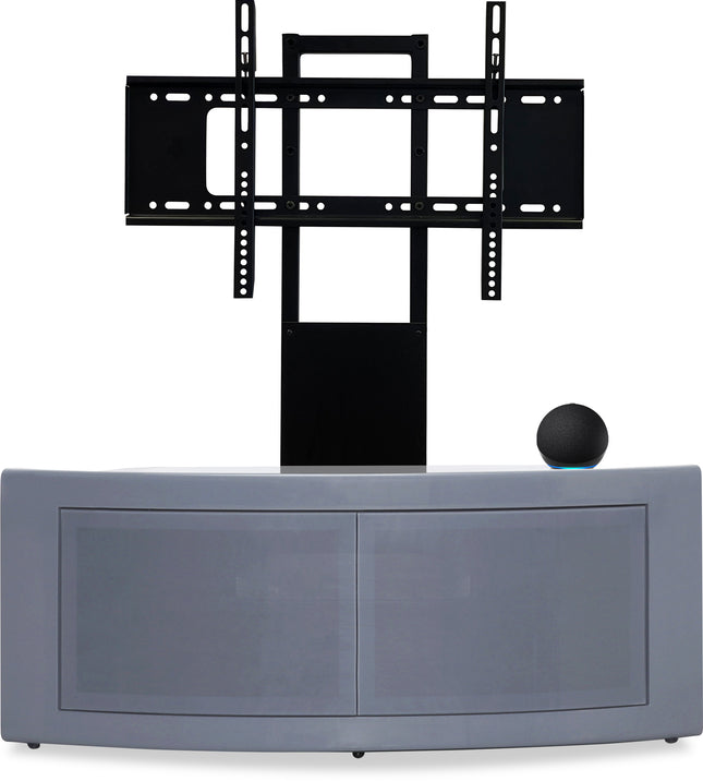 Centurion Supports PANGEA Grey Beam-Thru Curved True-Corner 32"-50" TV Cabinet with Mounting Arm