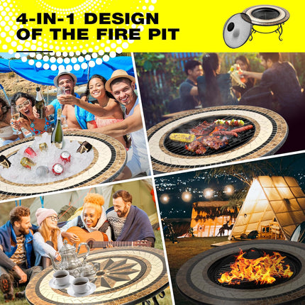 Centurion Supports TOPANGA High-End Round Multi-Functional Garden and Patio Heater, Fire Pit, Coffee Table, BBQ and Ice Bucket with Ceramic Tiles and Cover