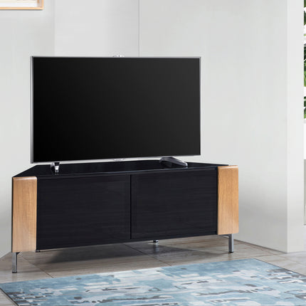 MDA Designs CORVUS Corner-Friendly Gloss Black Contemporary Cabinet with Oak Profiles Black BeamThru Glass Doors Suitable for Flat Screen TVs up to 50"