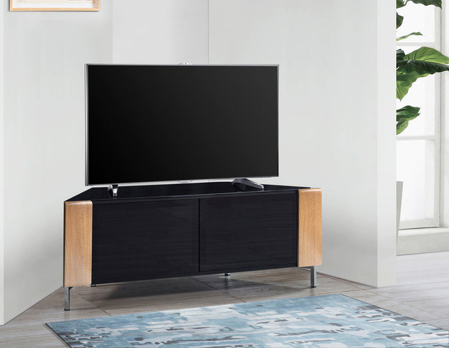 MDA Designs CORVUS Corner-Friendly Gloss Black Contemporary Cabinet with Oak Profiles Black BeamThru Glass Doors Suitable for Flat Screen TVs up to 50"