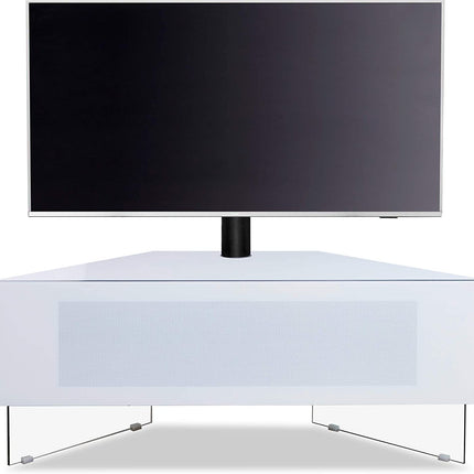 MDA Designs Antares HYBRID White Corner-Friendly with Clear Acrylic Legs Hover Effect & Remote-Friendly Glass Door TV Cabinet with Mounting Bracket - Grade A