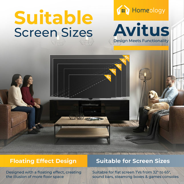 Homeology Avitus High Gloss Black with 4-Black Drawers & 3-Shelf 32"-65" LED/OLED/LCD TV Cabinet - Fully Assembled