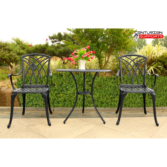 Centurion Supports OSHOWA Luxurious Garden and Patio Table and 2 Large Chairs with Armrests Cast Aluminium Bistro Set - Black