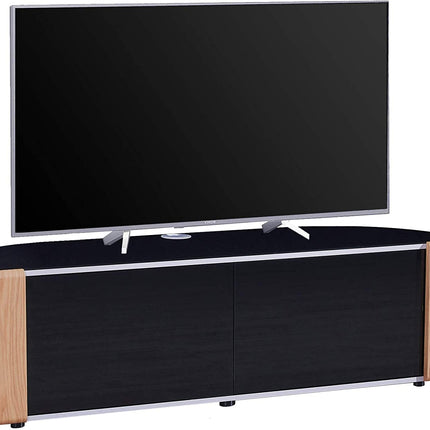 MDA Designs Sirius 1600 TV Cabinet Gloss Black Stand with BEAMTHRU Remote-Friendly Glass Door, Walnut/Oak Trims and Cable Management for TVs up to 70” TV Unit
