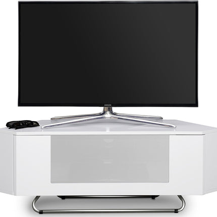 Centurion Supports Hampshire Corner-Friendly Gloss White with White Beam-Thru Remote Friendly Door 26"-50" Flat Screen TV Cabinet