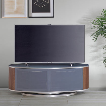 MDA Designs LUNA Grey Oval Cabinet with Walnut Profiles & Grey BeamThru Glass Doors Suitable for Flat Screen TVs up to 50"