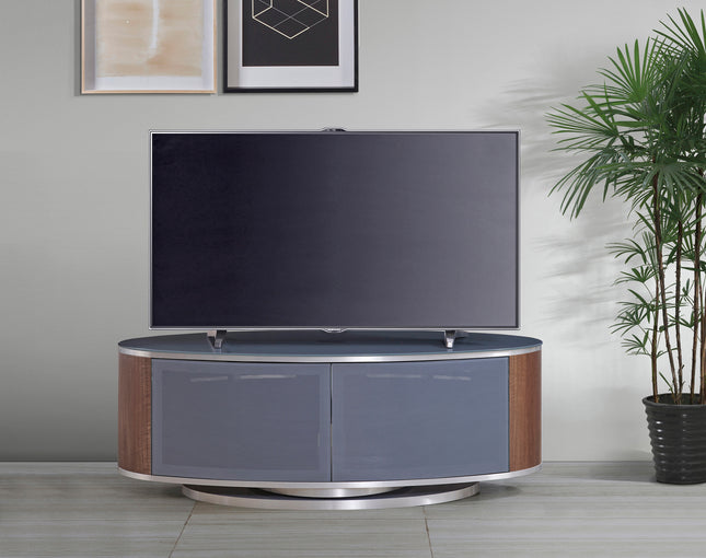 MDA Designs LUNA Grey Oval Cabinet with Walnut Profiles & Grey BeamThru Glass Doors Suitable for Flat Screen TVs up to 50"