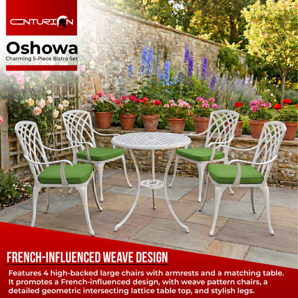 Centurion Supports OSHOWA Luxurious Garden and Patio Table and 4 Large Chairs with Armrests Cast Aluminium Bistro Set - White with Green Cushions