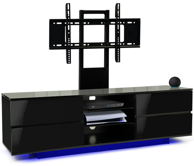 Centurion Supports Avitus LED Gloss Black with 4-Drawers and 3-Shelves up to 65" TV Cabinet with 16 colour LED Lights and Mounting Arm